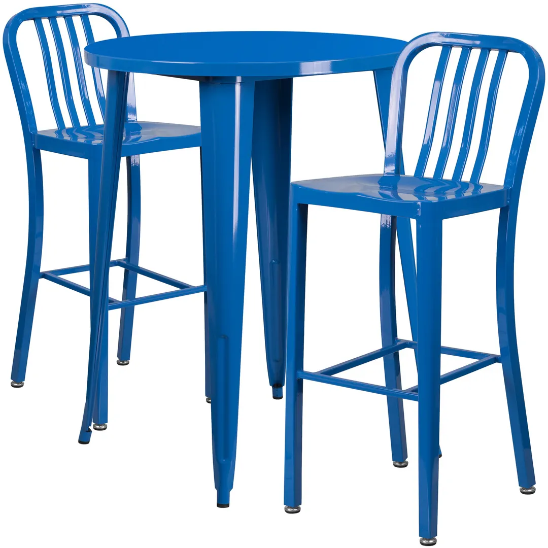 Flash Furniture CH-51090BH-2-30VRT-BL-GG 30" Round Table & 2 Bar Stool Set, 41"H, Blue Powder Coat Finish