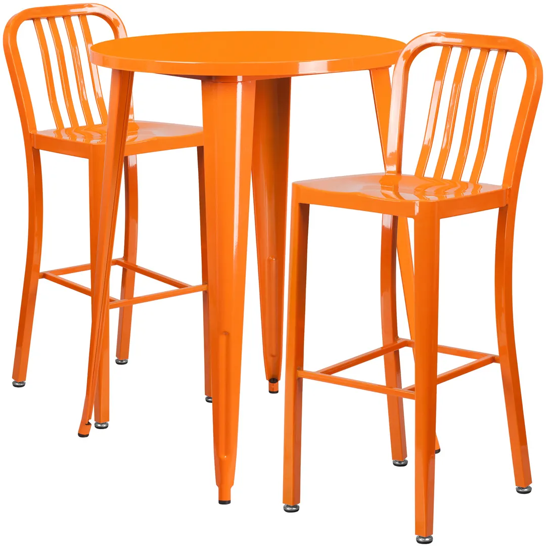 Flash Furniture CH-51090BH-2-30VRT-OR-GG 30" Round Table & 2 Bar Stools, Orange, 41"H, Powder Coat Finish