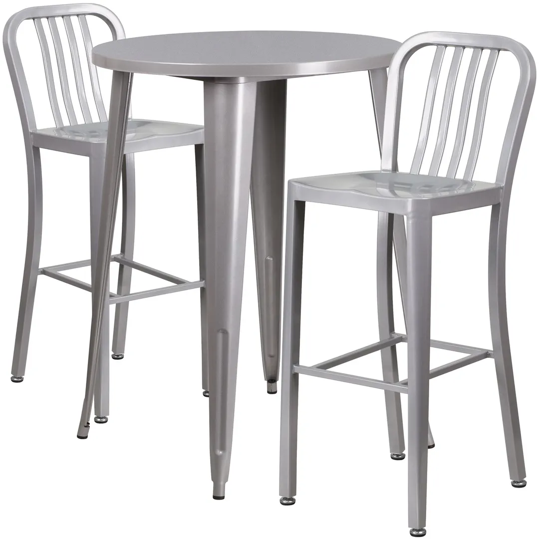 Flash Furniture CH-51090BH-2-30VRT-SIL-GG 30" Round Table & 2 Bar Stools, 41"H, Silver, Powder Coat Finish