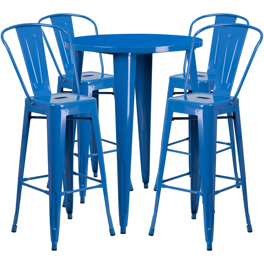 Flash Furniture CH-51090BH-4-30CAFE-BL-GG 30" Round Table & 4 Bar Stool Set, 41"H, Blue Powder Coat Finish, Metal, Rubber Floor Glides
