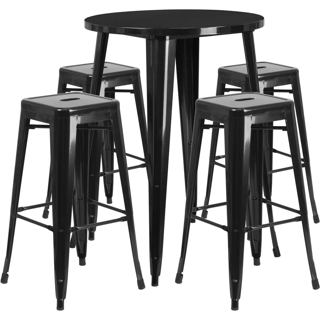 Flash Furniture CH-51090BH-4-30SQST-BK-GG 30" Round Table & 4 Bar Stool Set, 41"H, Black Powder Coat Finish