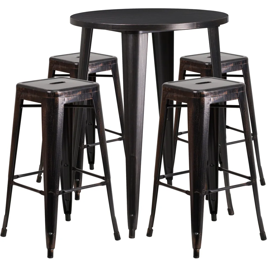 Flash Furniture CH-51090BH-4-30SQST-BQ-GG 30" Round Table & 4 Bar Stool Set, Black & Antique Gold, Powder Coat Finish