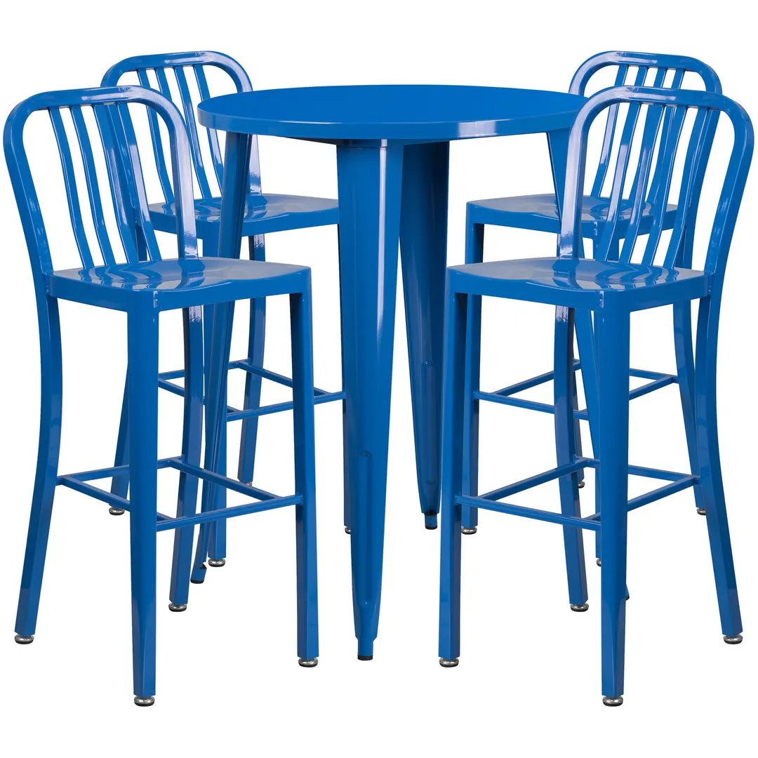 Flash Furniture CH-51090BH-4-30VRT-BL-GG 30" Round Table & 4 Bar Stool Set, 41"H, Blue, Powder Coat Finish