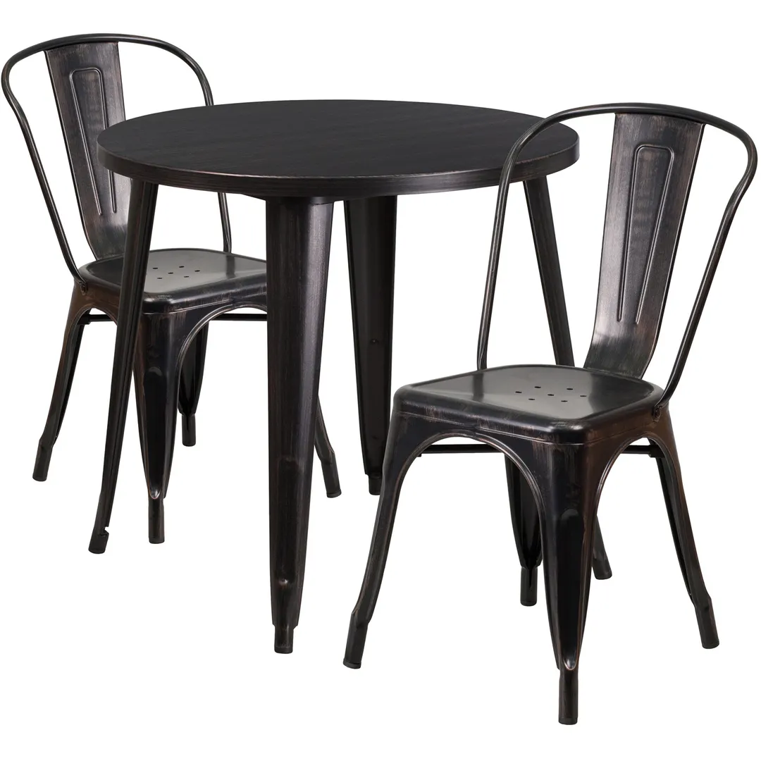 Flash Furniture CH-51090TH-2-18CAFE-BQ-GG 30" Round Table & 2 Chairs Set, Black & Antique Gold, Powder Coat Finish