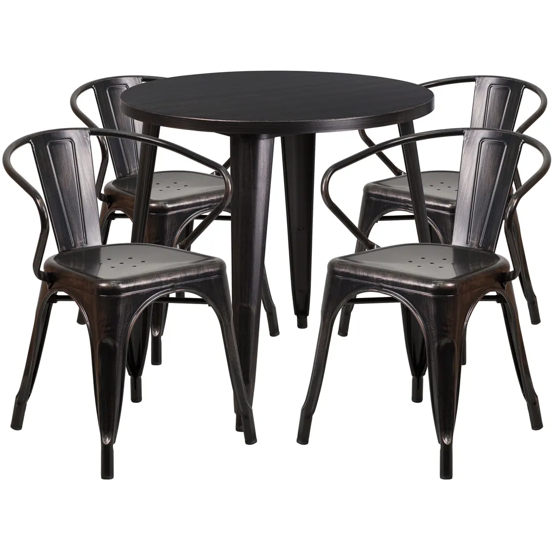 Flash Furniture CH-51090TH-4-18ARM-BQ-GG 30" Round Table Set, 29"H, 4 Chairs, Black & Antique Gold