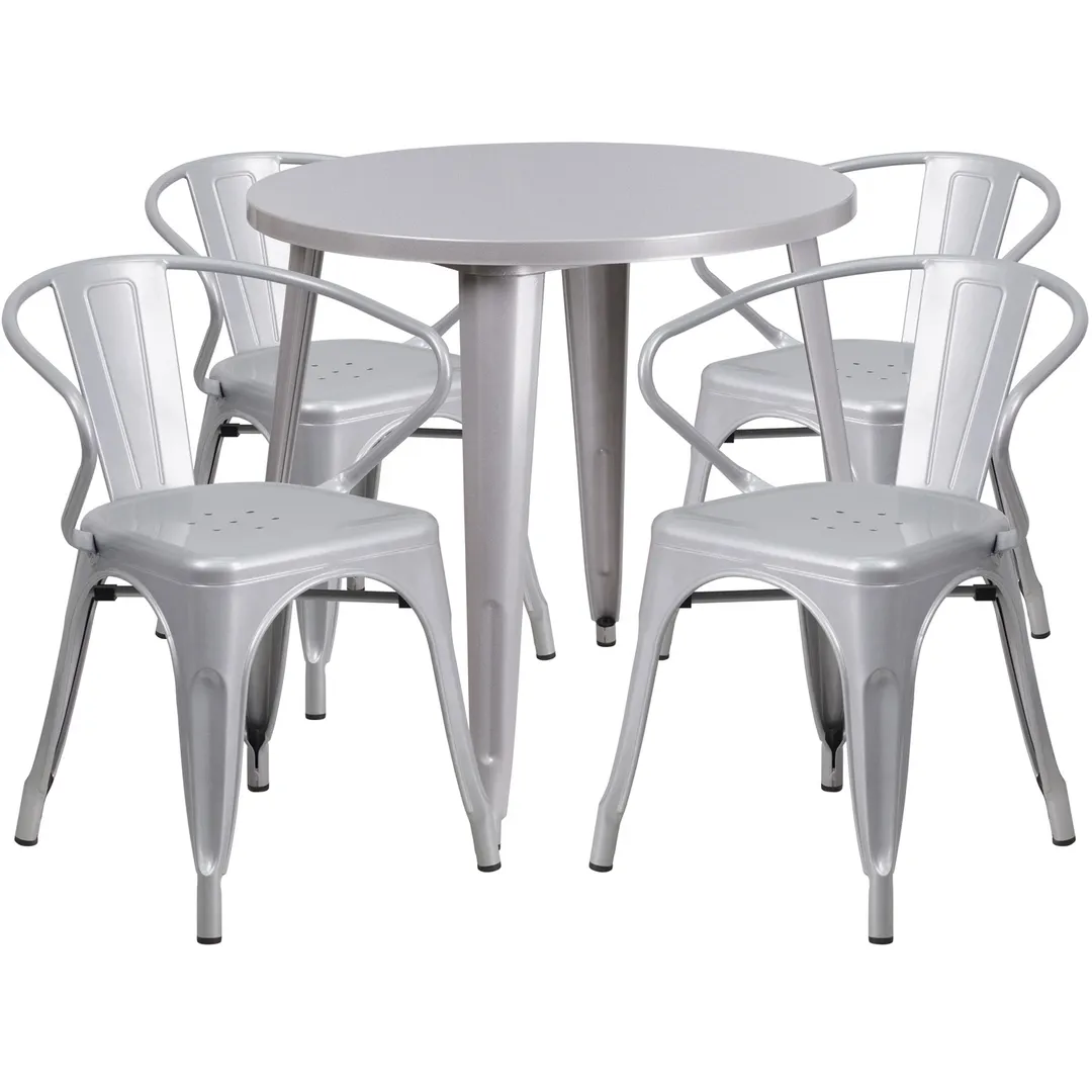 Flash Furniture CH-51090TH-4-18ARM-SIL-GG 30" Round Table & 4 Chairs Set, Silver, Powder Coat Finish