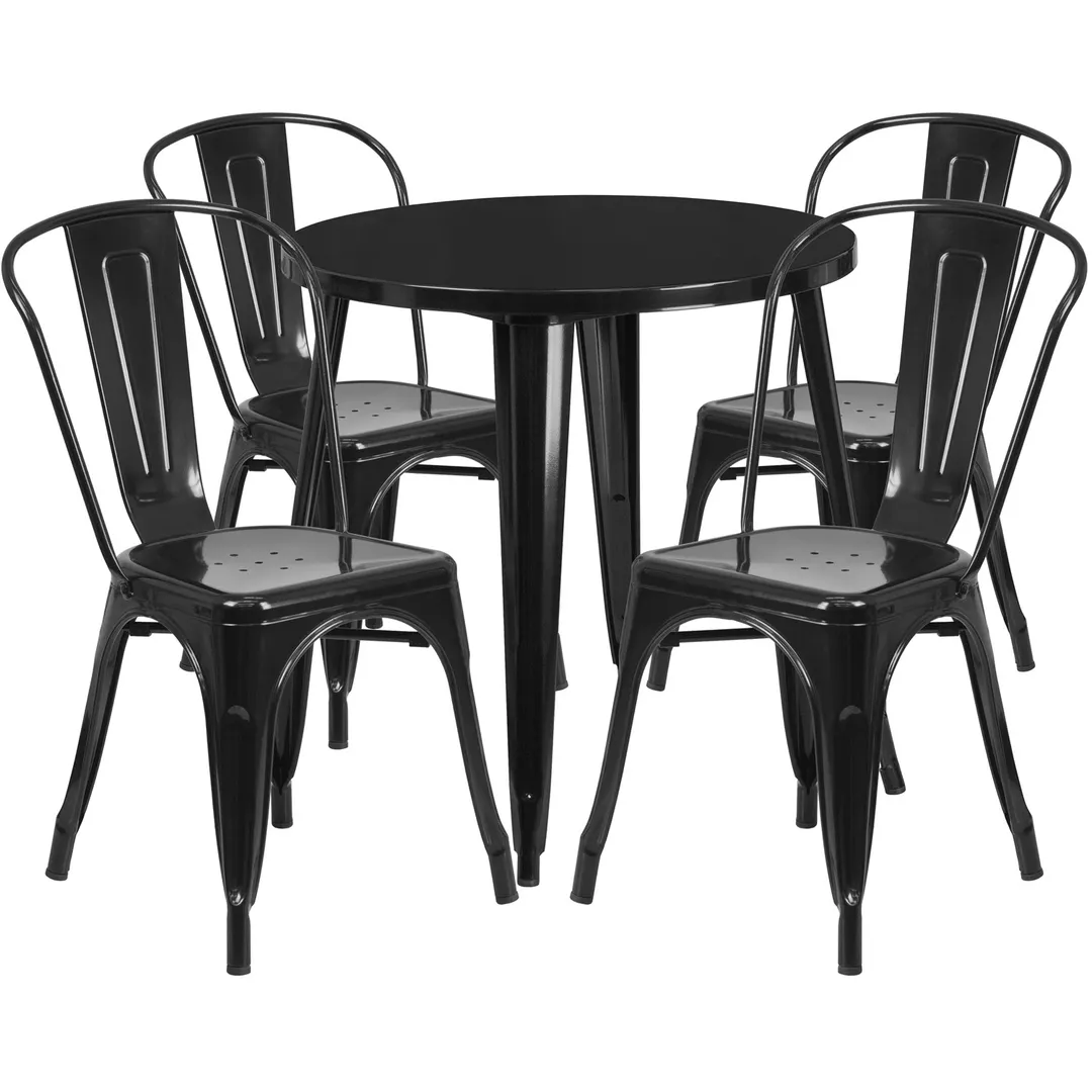 Flash Furniture CH-51090TH-4-18CAFE-BK-GG 30" Round Table & 4 Chair Set, Black Powder Coat Finish, Metal, 29"H