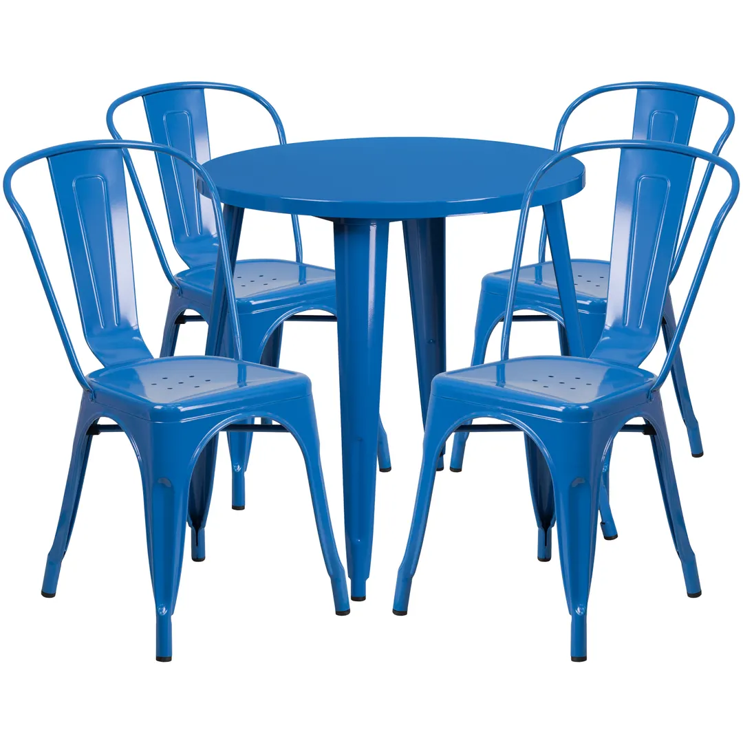 Flash Furniture CH-51090TH-4-18CAFE-BL-GG 30" Round Table & 4 Chair Set, Blue Powder Coat Finish, Metal, Indoor/Outdoor