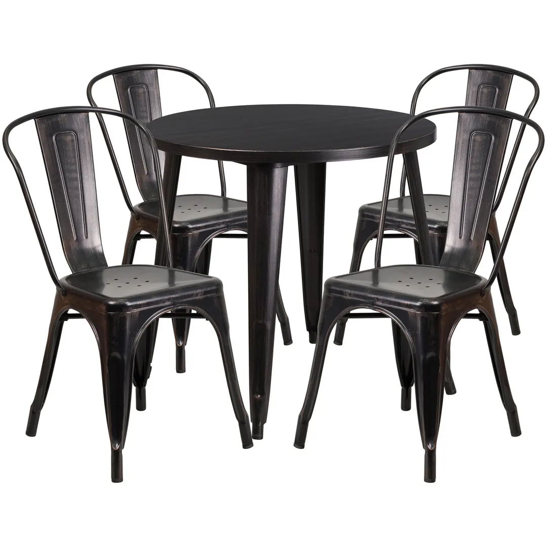 Flash Furniture CH-51090TH-4-18CAFE-BQ-GG 30" Round Table & 4 Chairs Set, Black & Antique Gold