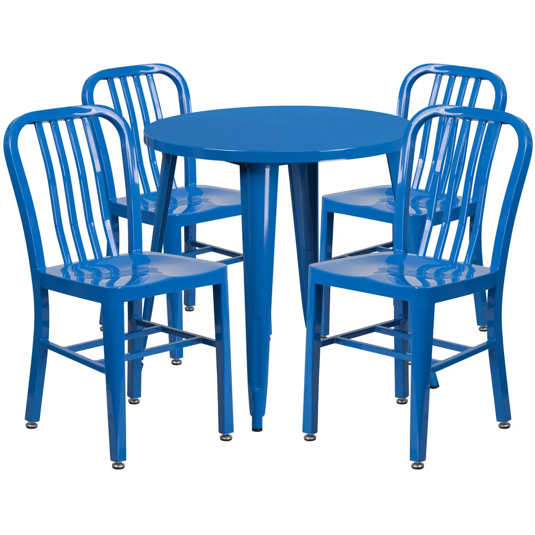 Flash Furniture CH-51090TH-4-18VRT-BL-GG 30" Round Table & 4 Chair Set, Blue Powder Coat, 29"H
