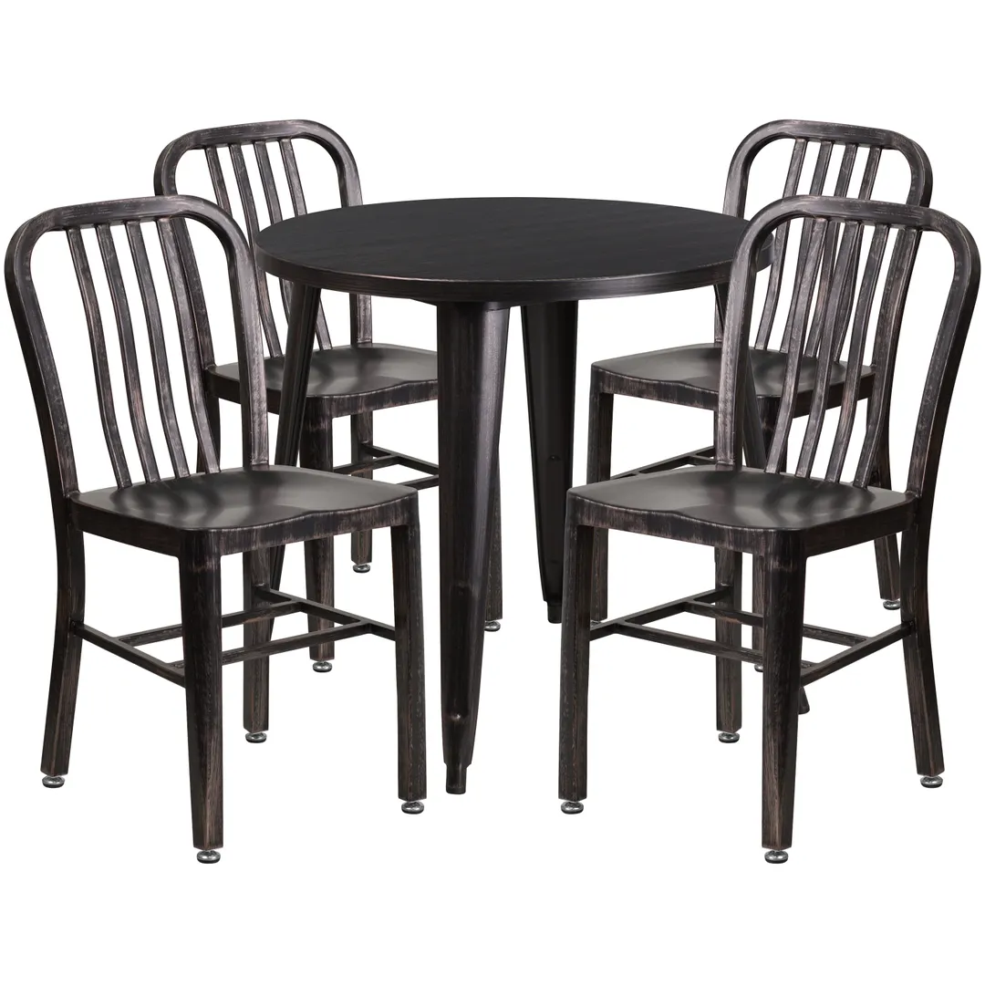 Flash Furniture CH-51090TH-4-18VRT-BQ-GG Outdoor Table & Chair Set, 30" Round Table, 4 Chairs, Black & Antique Gold