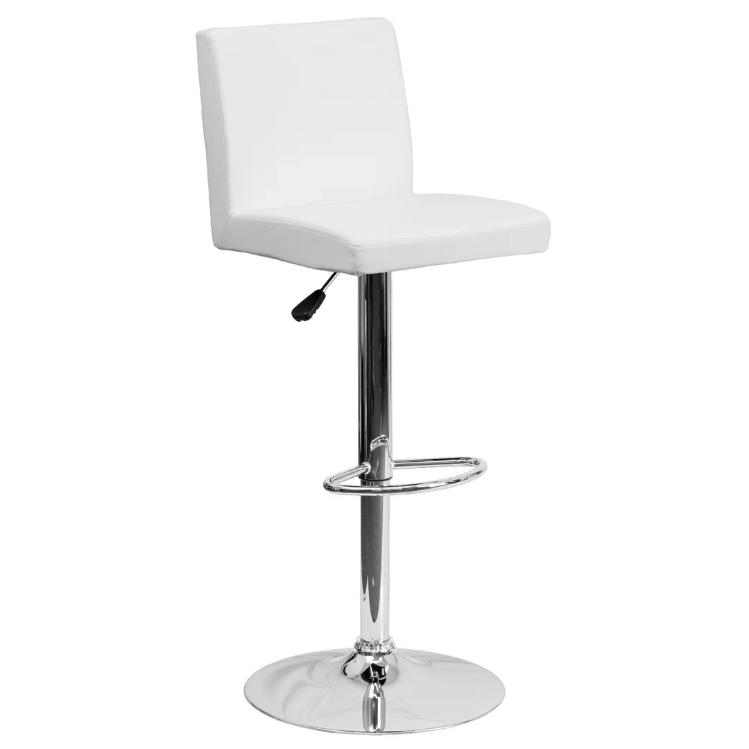 Flash Furniture CH-92066-WH-GG Swivel Bar Stool, Upholstered Back & Seat, White Vinyl, Adjustable Height, 17-5/8" Chrome Base