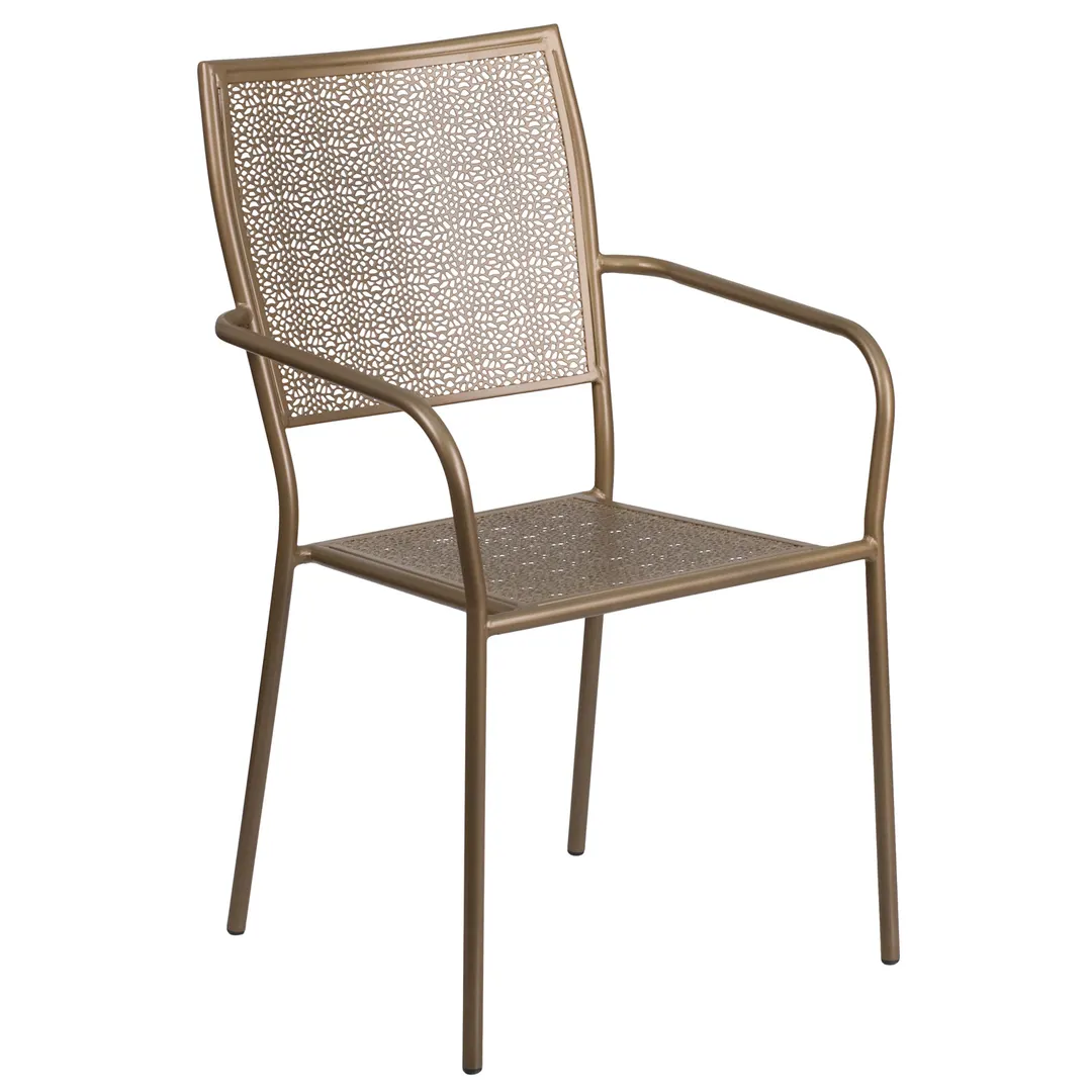 Flash Furniture CO-2-GD-GG Patio Stacking Armchair, Square Back, Metal Frame, Gold Finish, Stackable