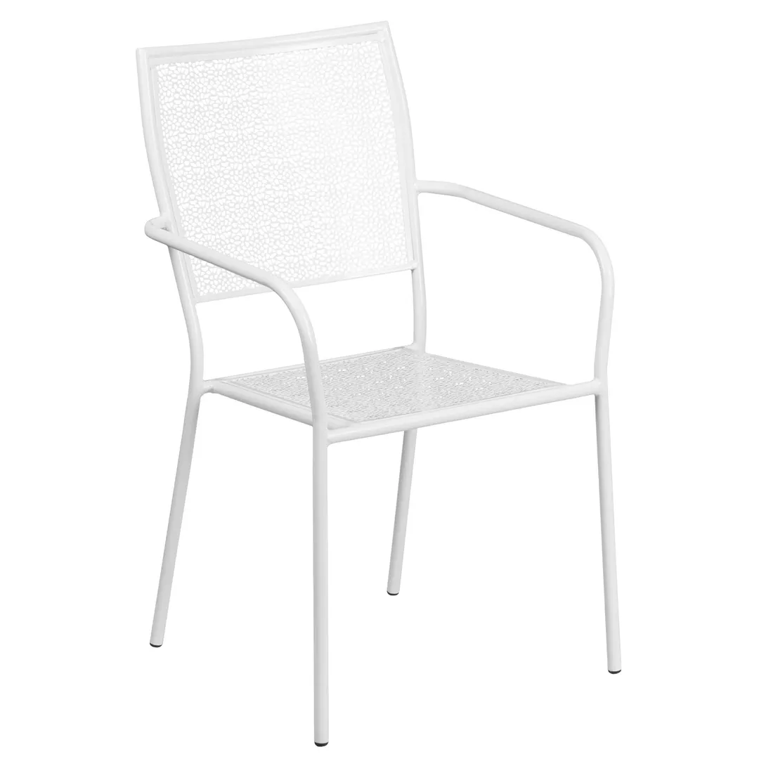 Flash Furniture CO-2-WH-GG Patio Stacking Armchair, Square Back, White, Steel Frame, Metal Back and Seat