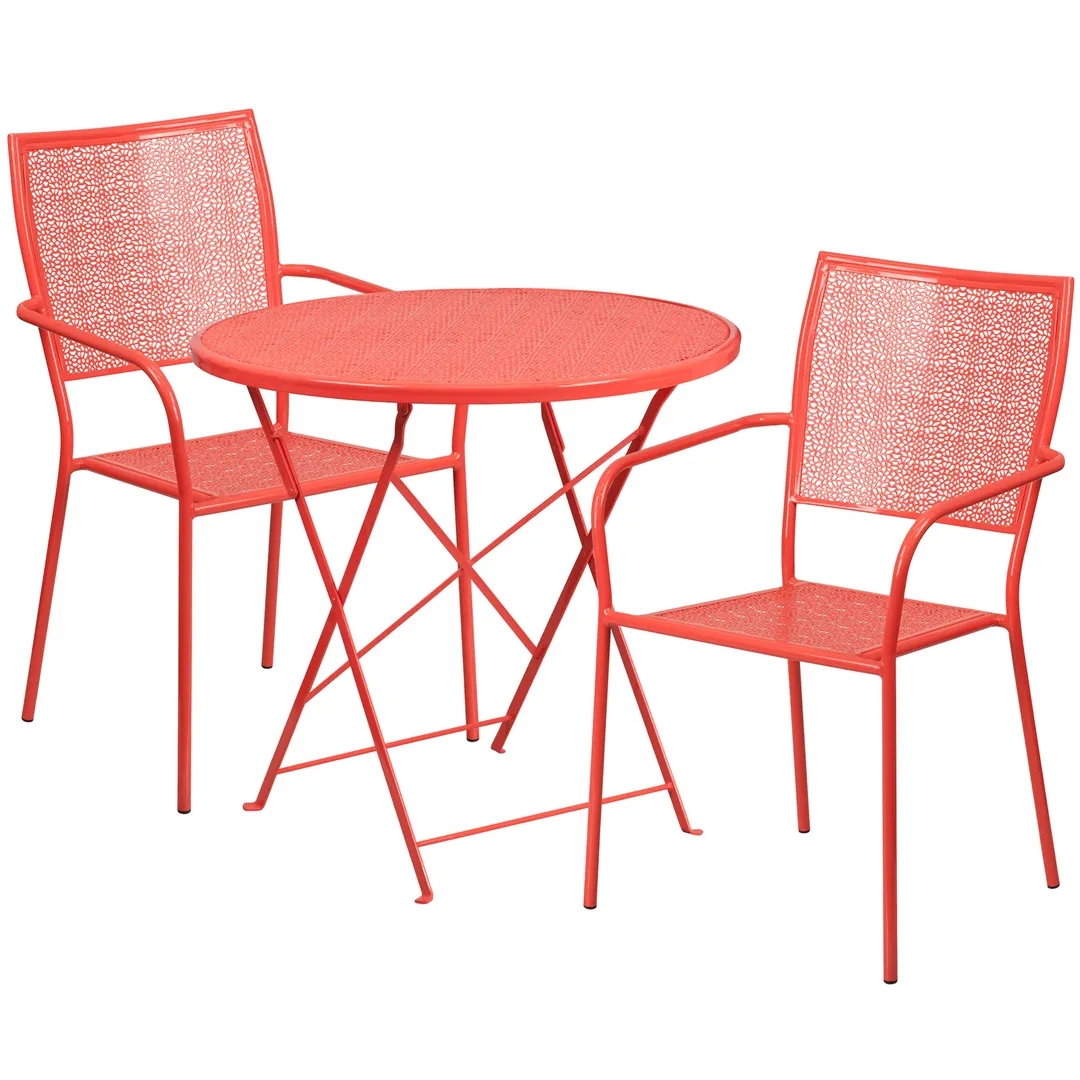 Flash Furniture CO-30RDF-02CHR2-RED-GG 30in Round Patio Table Set with 2 Stacking Chairs, 28in Height, 300 lbs Weight Capacity, Steel, Red