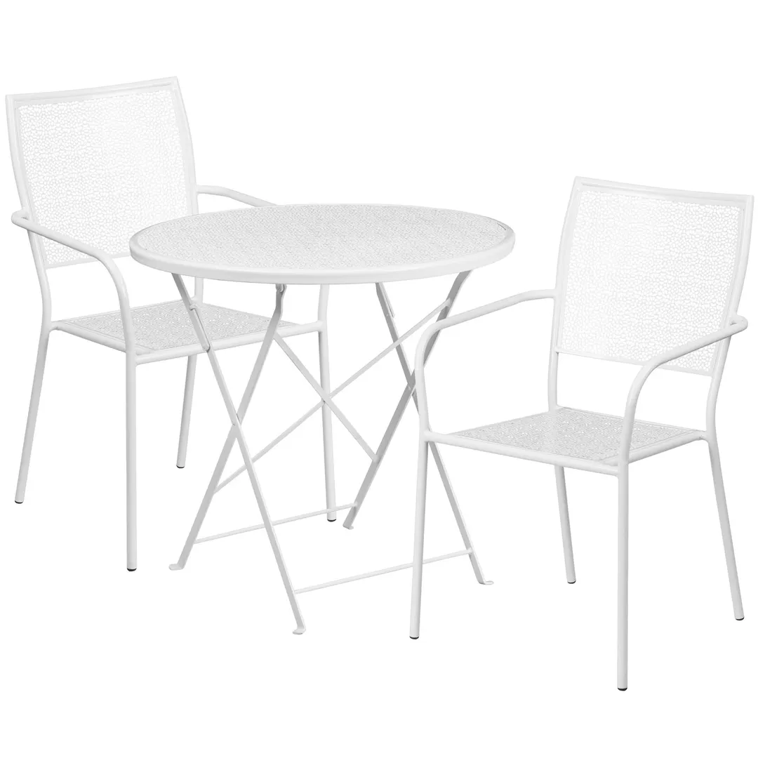 Flash Furniture CO-30RDF-02CHR2-WH-GG 30in Round Patio Table Set, White, 28H, 300 lbs, Steel, Powder Coat Finish, 2 Chairs