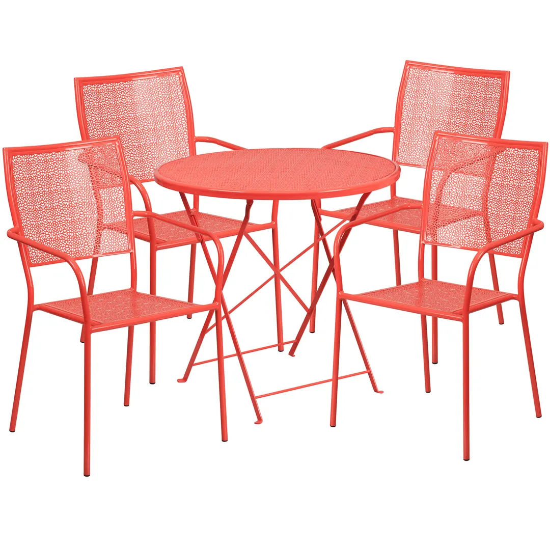 Flash Furniture CO-30RDF-02CHR4-RED-GG 30" Round Patio Table Set with 4 Stacking Arm Chairs, 28"H, Steel, Powder Coat Finish, Coral Red