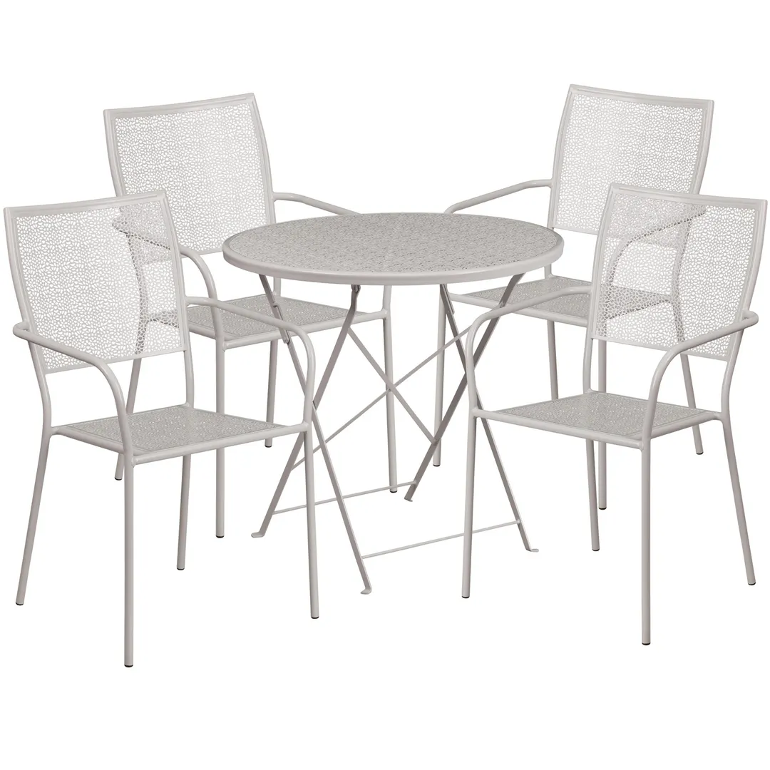 Flash Furniture CO-30RDF-02CHR4-SIL-GG 30in Round Patio Table Set, 28in Height, 4 Stacking Arm Chairs, Light Gray Powder Coat Finish, Steel