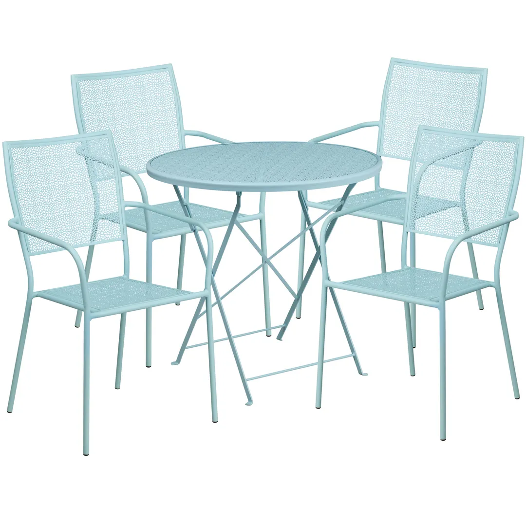 Flash Furniture CO-30RDF-02CHR4-SKY-GG 30" Round Patio Table Set, 28"H, 4 Stacking Arm Chairs, Sky Blue Powder Coat Finish, Steel
