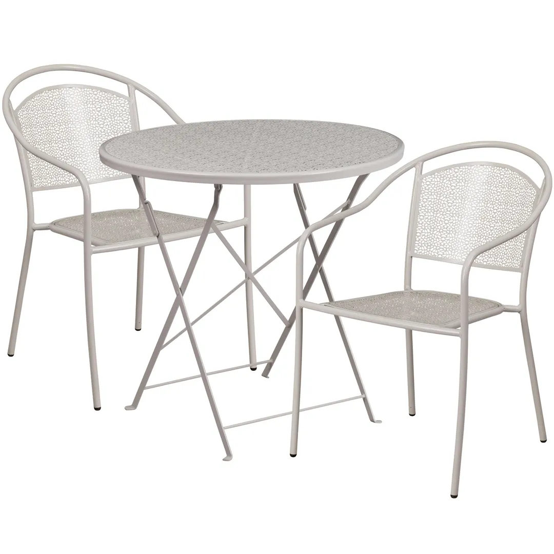 Flash Furniture CO-30RDF-03CHR2-SIL-GG 30 Round Patio Table Set 28H with 2 Stacking Arm Chairs 300 lb Weight Capacity