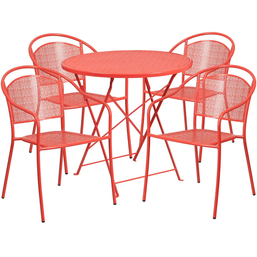 Flash Furniture CO-30RDF-03CHR4-RED-GG 30in Round Patio Table Set with 4 Stacking Chairs, 28inH, Steel, Powder Coat Finish, 300 lbs Weight Capacity