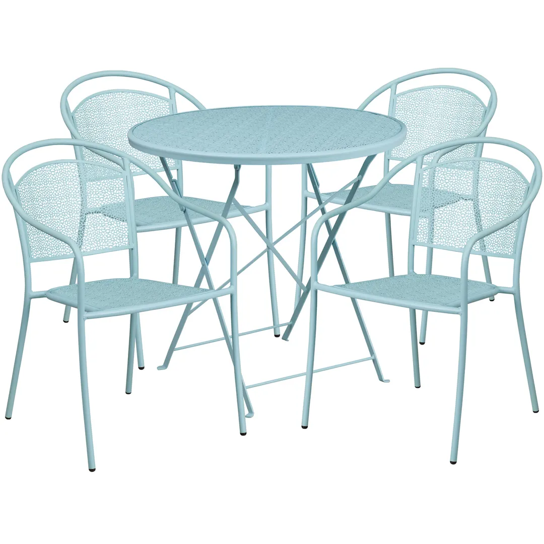 Flash Furniture CO-30RDF-03CHR4-SKY-GG 30in Round Patio Table Set, 28in Height, 4 Stacking Arm Chairs, Sky Blue Powder Coat Finish