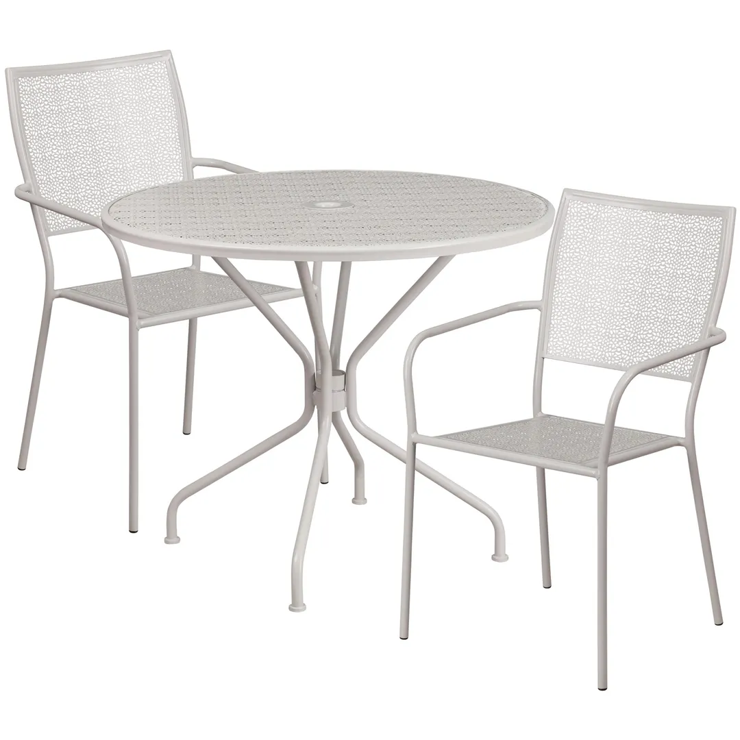 Flash Furniture CO-35RD-02CHR2-SIL-GG 35 Round Patio Table Set with 2 Stacking Arm Chairs, 300 lb Weight Capacity, Powder Coat Finish