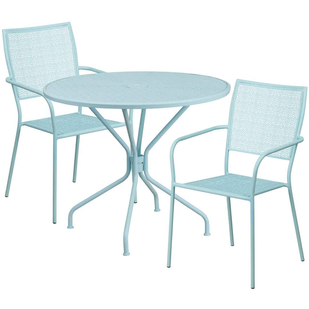 Flash Furniture CO-35RD-02CHR2-SKY-GG 35" Round Patio Table Set with 2 Stacking Arm Chairs, Sky Blue Powder Coat Finish, 300 lb Weight Capacity