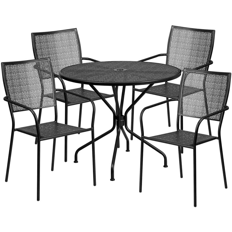 Flash Furniture CO-35RD-02CHR4-BK-GG 35" Round Patio Table Set with 4 Stacking Arm Chairs, Black Powder Coat Finish, 300 lbs Weight Capacity