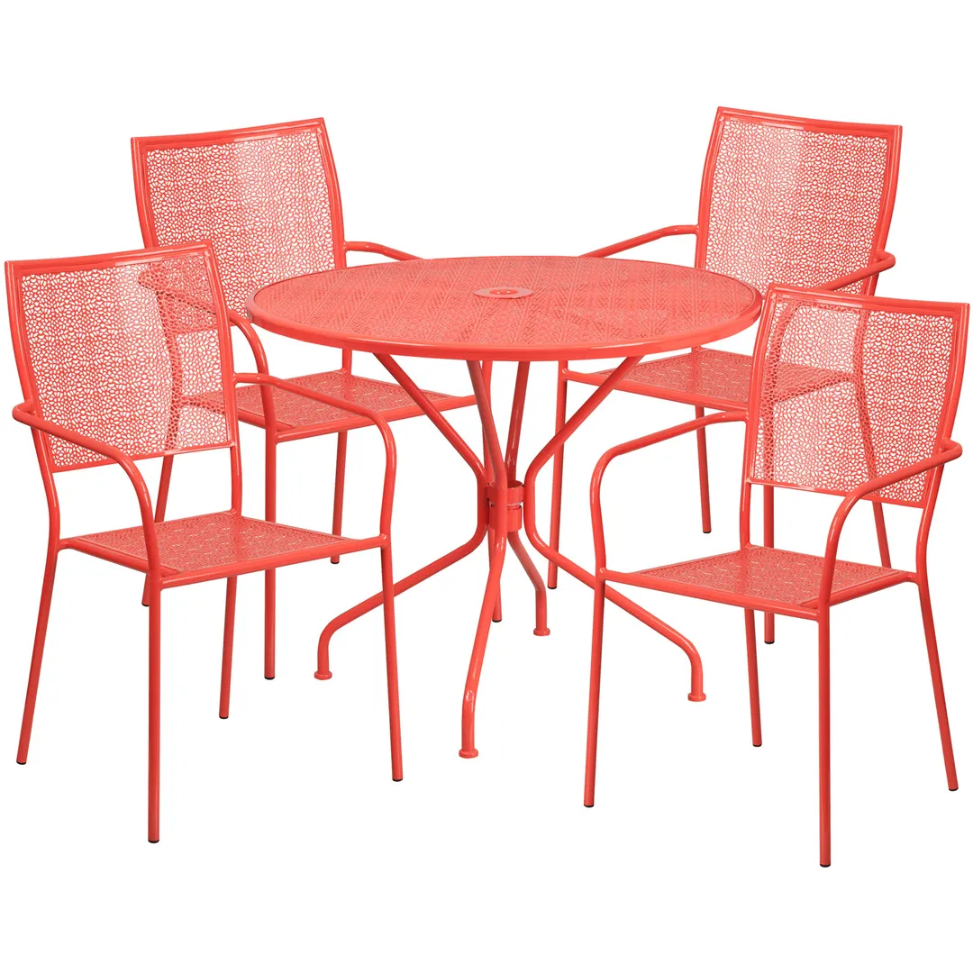 Flash Furniture CO-35RD-02CHR4-RED-GG 35 Round Patio Table Set with 4 Stacking Chairs, 300 lbs, Steel, Coral Red Finish