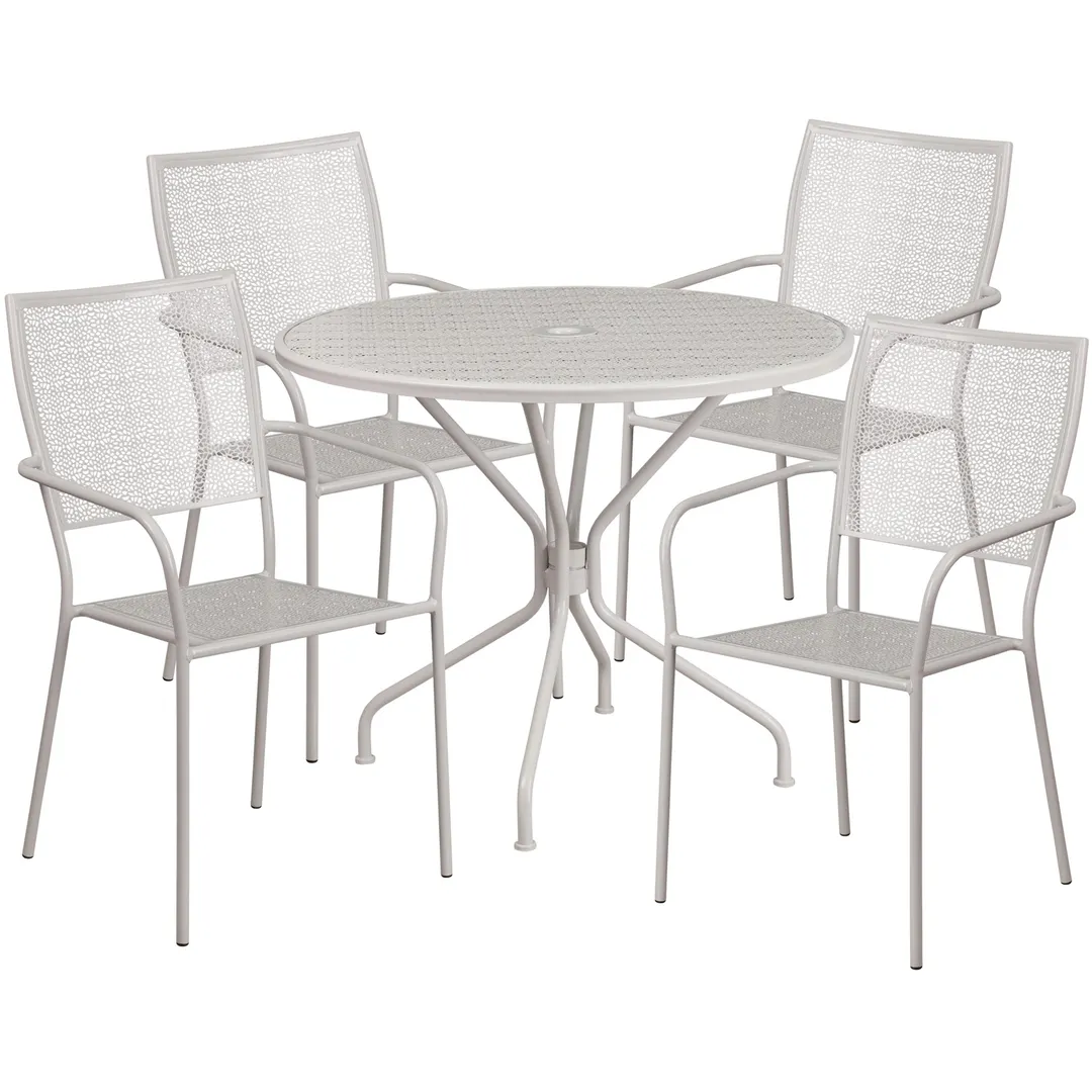Flash Furniture CO-35RD-02CHR4-SIL-GG 35" Round Patio Table Set with 4 Stacking Arm Chairs, 300 lb. Weight Capacity, Light Gray Powder Coat Finish
