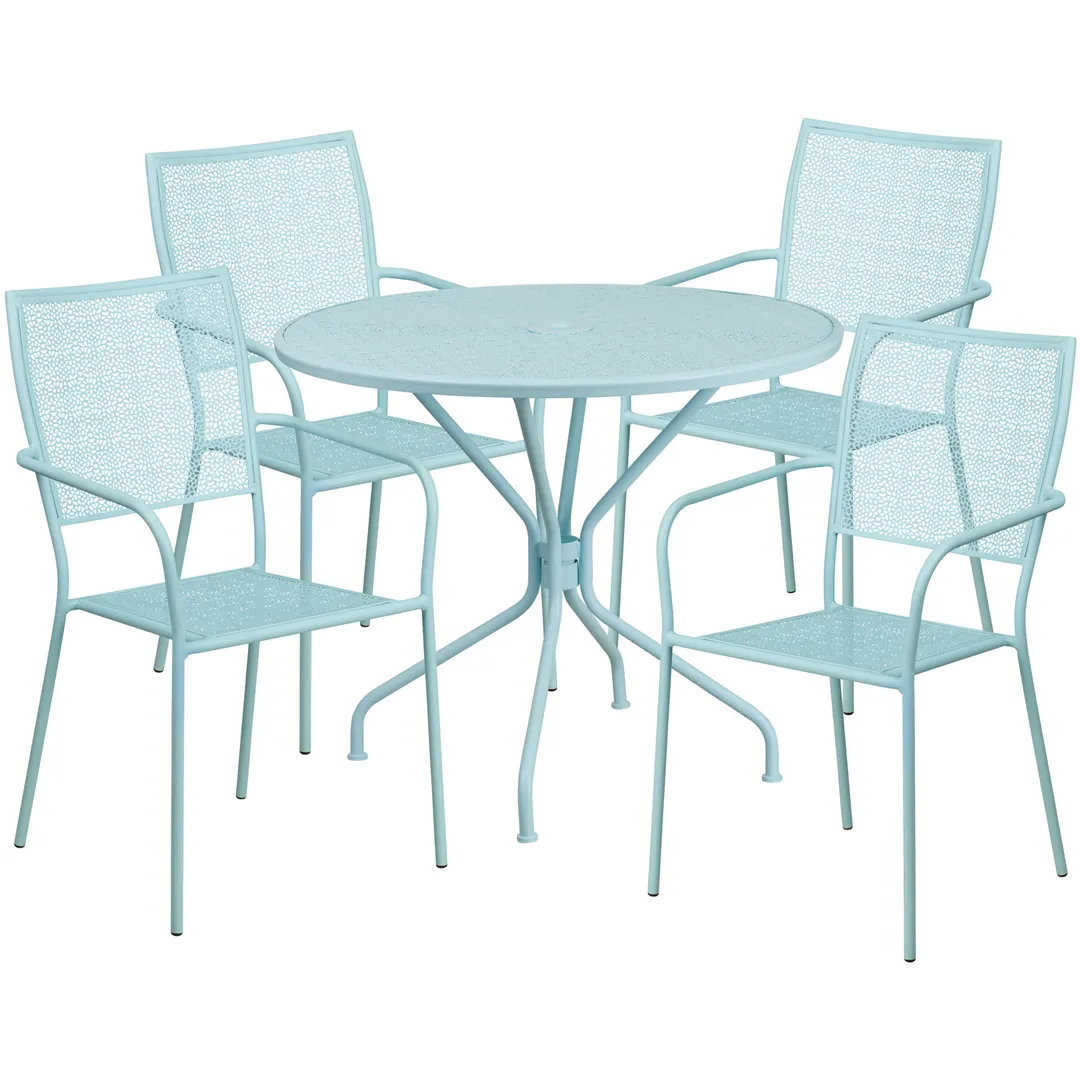 Flash Furniture CO-35RD-02CHR4-SKY-GG 35" Round Patio Table Set with 4 Stacking Arm Chairs, Sky Blue Powder Coat Finish, 300 lbs Weight Capacity