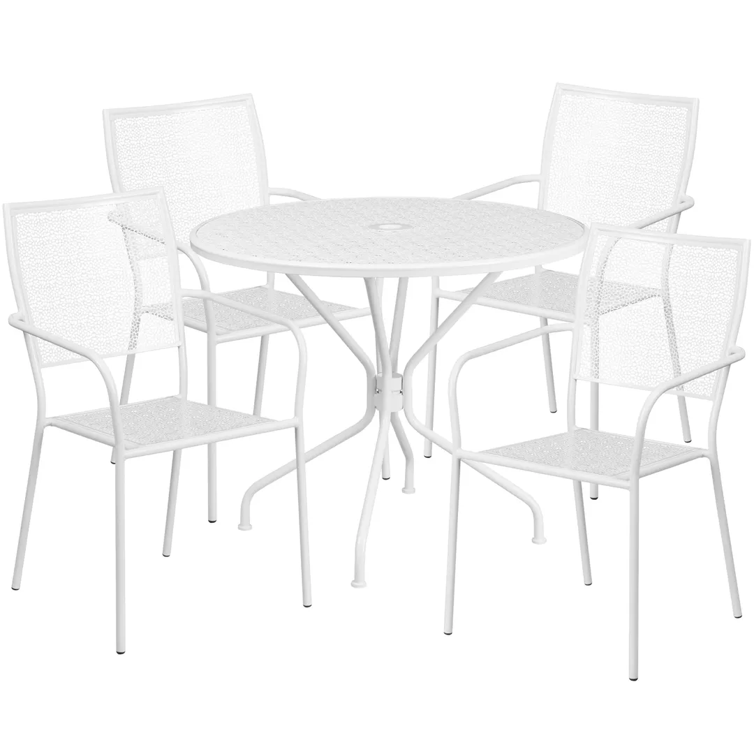 Flash Furniture CO-35RD-02CHR4-WH-GG Outdoor Patio Table Set, 35.25" Round Table, 4 Stacking Arm Chairs, White Powder Coat Finish, 300 lbs