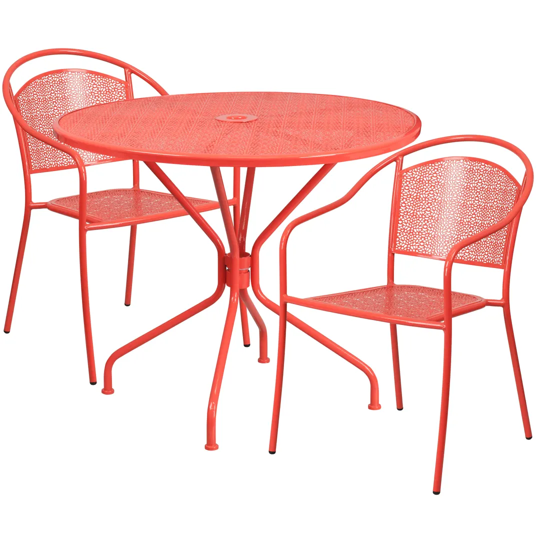 Flash Furniture CO-35RD-03CHR2-RED-GG 35.25in Round Patio Table Set, Coral, 300 lb Capacity, Steel, Powder Coat Finish