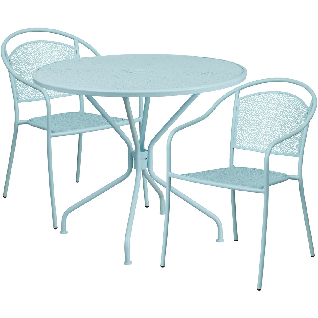 Flash Furniture CO-35RD-03CHR2-SKY-GG 35" Round Patio Table Set with 2 Stacking Arm Chairs, Sky Blue, 300 lb Weight Capacity
