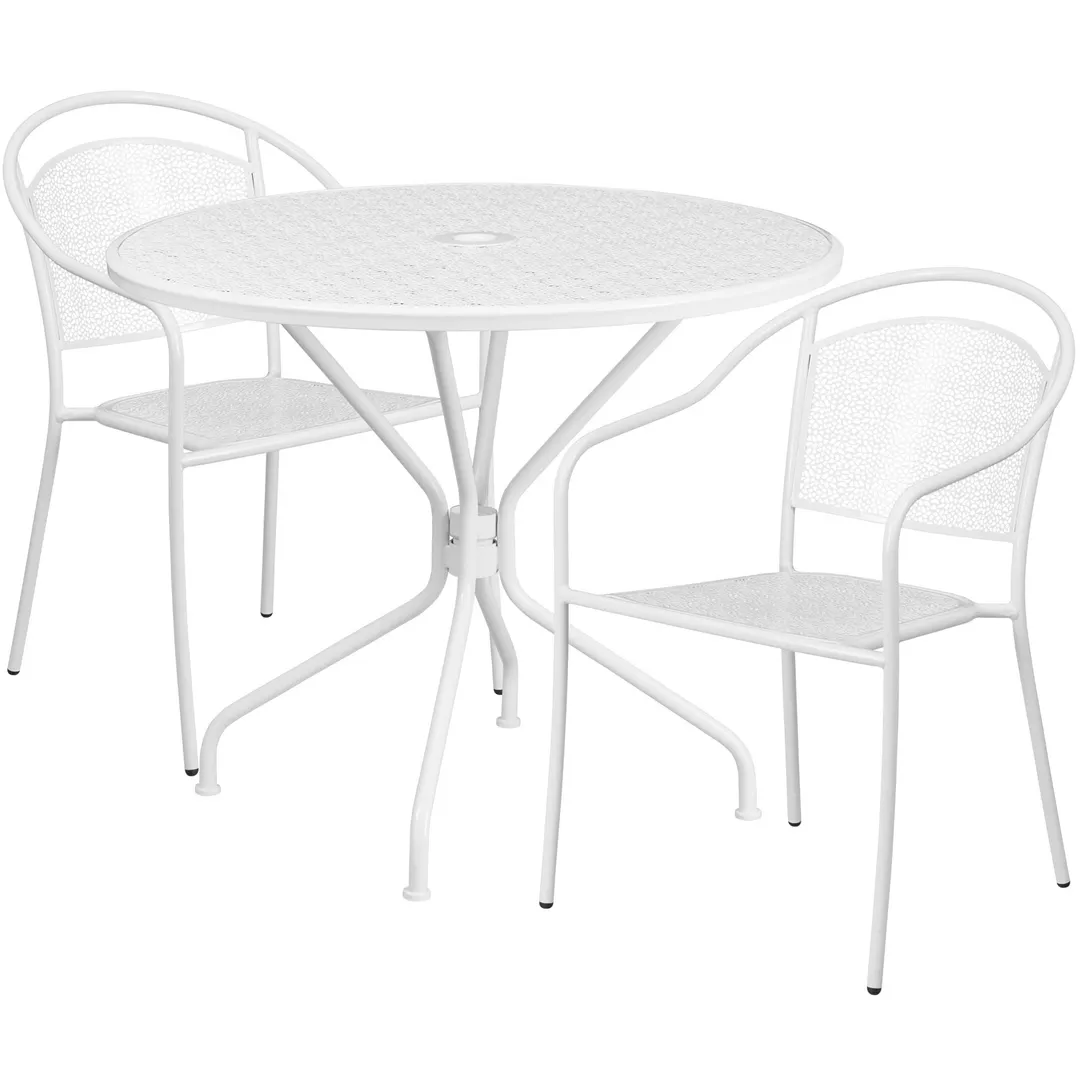 Flash Furniture CO-35RD-03CHR2-WH-GG 35" Round Patio Table Set with 2 Stacking Arm Chairs, White Powder Coat Finish, 300 lbs Weight Capacity