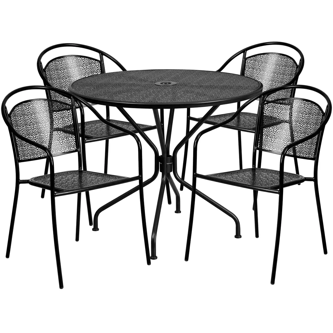 Flash Furniture CO-35RD-03CHR4-BK-GG 35.25in Round Patio Table Set, 4 Stacking Arm Chairs, Black Powder Coat Finish, 300 lbs Weight Capacity