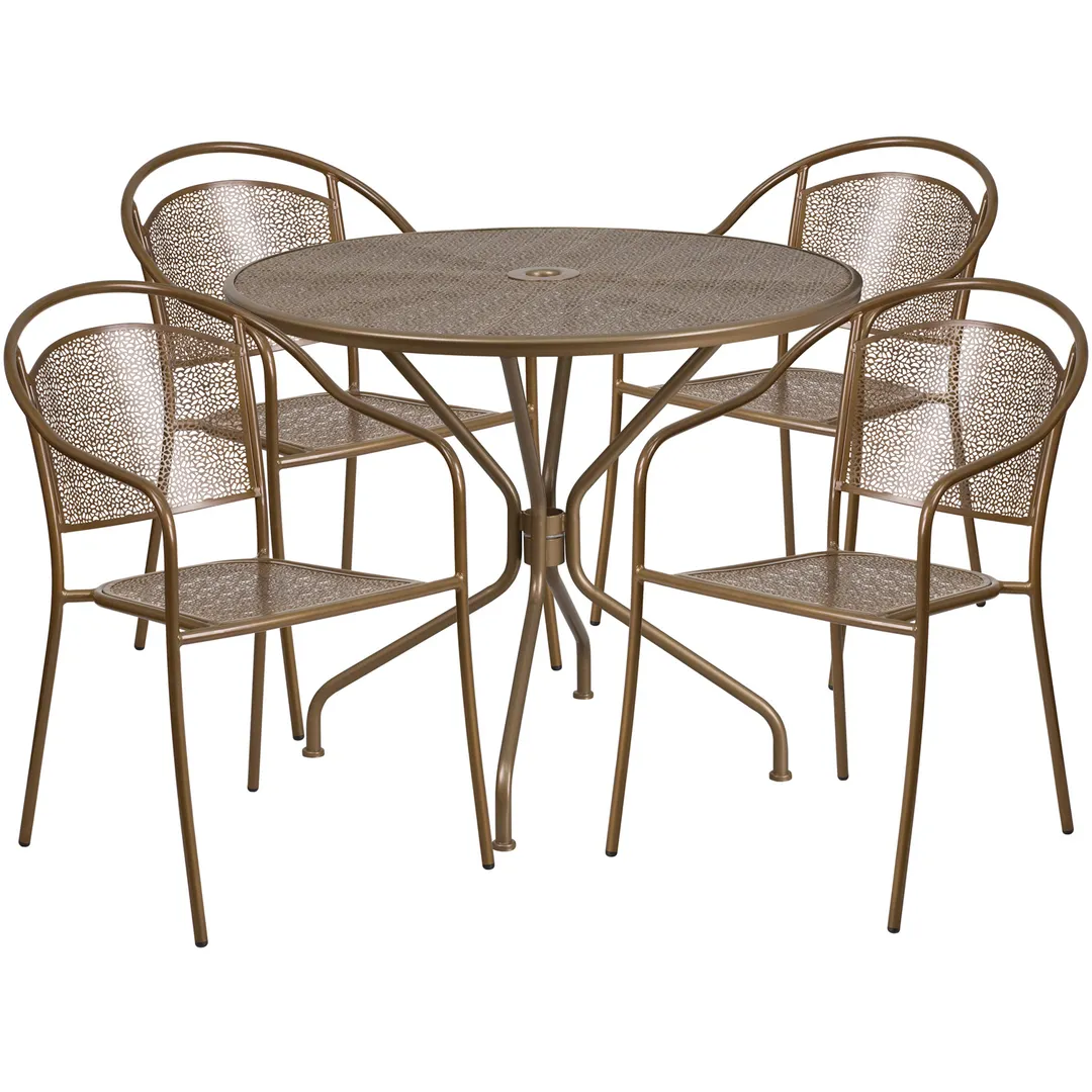 Flash Furniture CO-35RD-03CHR4-GD-GG 35" Round Patio Table Set with 4 Stacking Arm Chairs, Gold Finish, 300 lbs Capacity