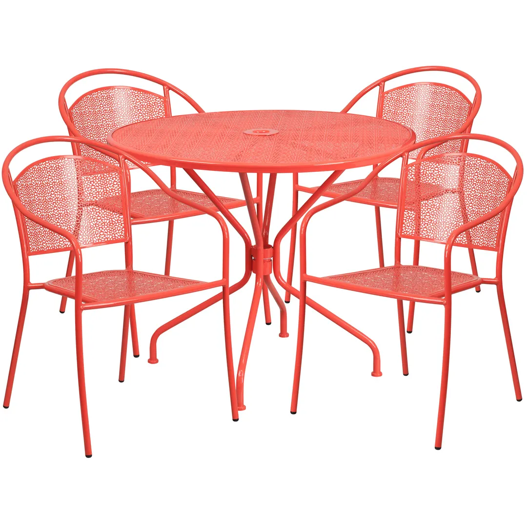 Flash Furniture CO-35RD-03CHR4-RED-GG 35" Round Patio Table Set with 4 Stacking Arm Chairs, Coral Finish, 300 lb Capacity