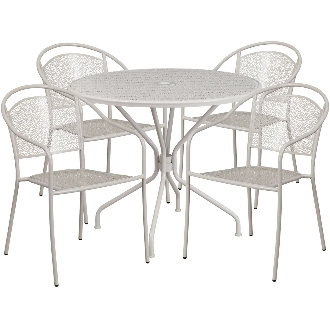 Flash Furniture CO-35RD-03CHR4-SIL-GG 35.25in Round Patio Table Set with 4 Stacking Arm Chairs, Light Gray Powder Coat Finish, 300 lbs Weight Capacity