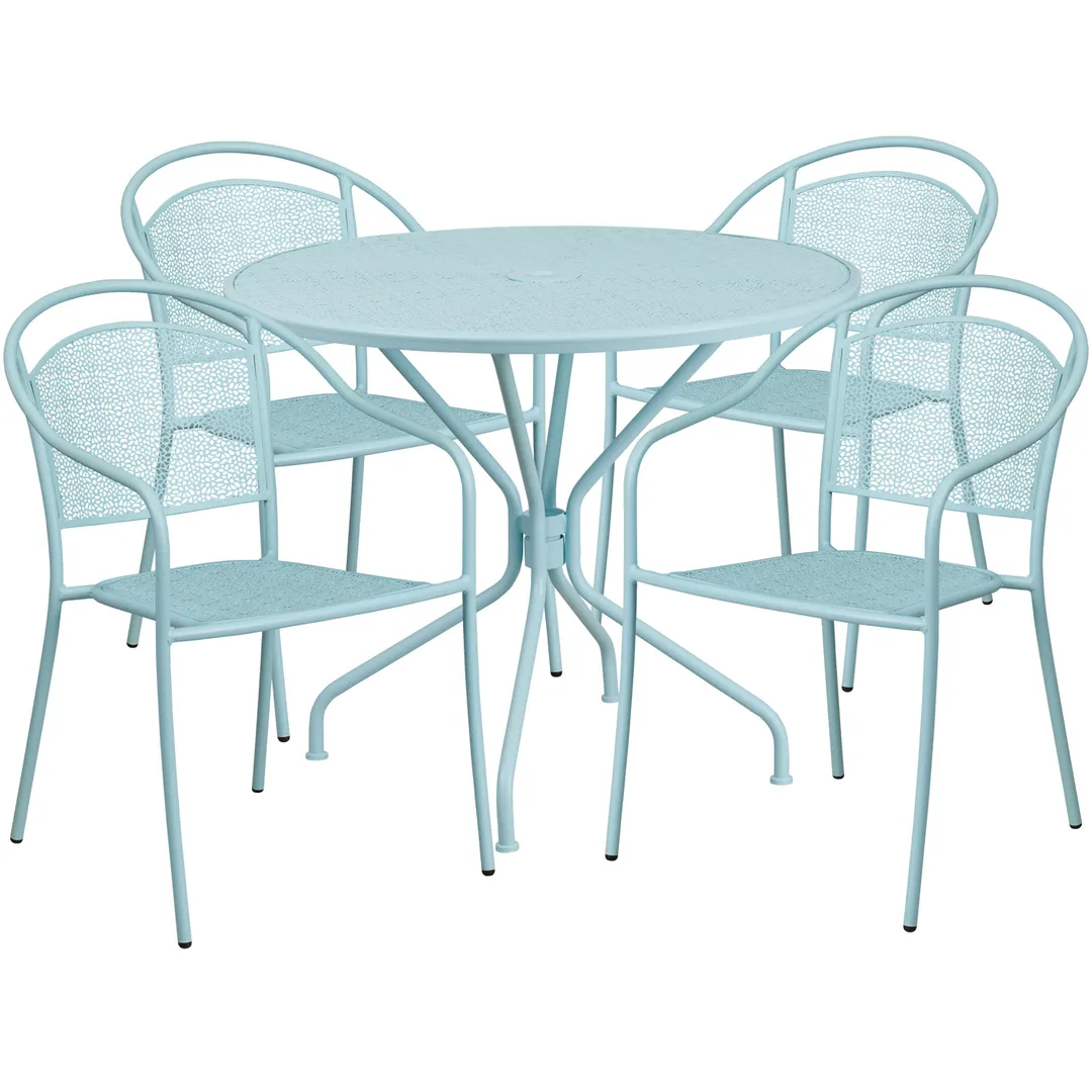 Flash Furniture CO-35RD-03CHR4-SKY-GG 35" Round Patio Table Set with 4 Stacking Arm Chairs, Sky Blue Powder Coat Finish, 300 lb Weight Capacity