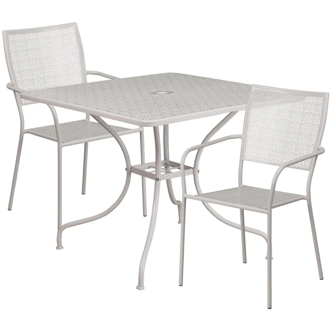 Flash Furniture CO-35SQ-02CHR2-SIL-GG 35.5 Square Patio Table Set, 2 Stacking Arm Chairs, Light Gray Powder Coat Finish, 300 lb Weight Capacity
