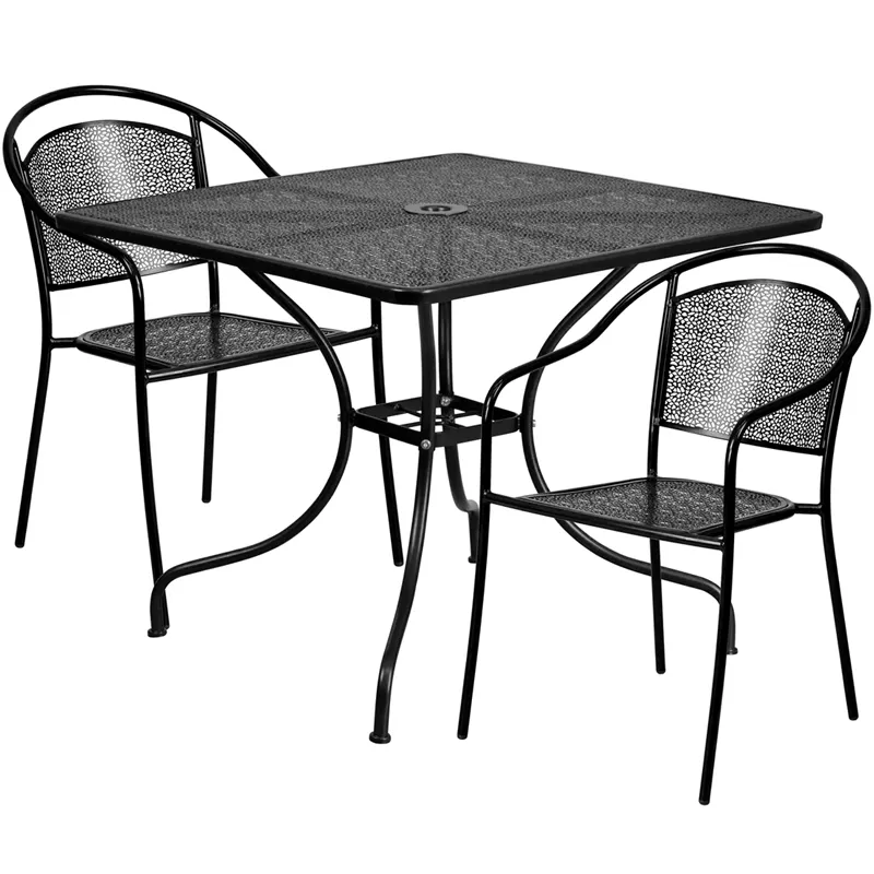 Flash Furniture CO-35SQ-03CHR2-BK-GG 35 Square Patio Table Set, 28 Height, Black Powder Coat, 2 Stacking Arm Chairs, 300 lb Weight Capacity