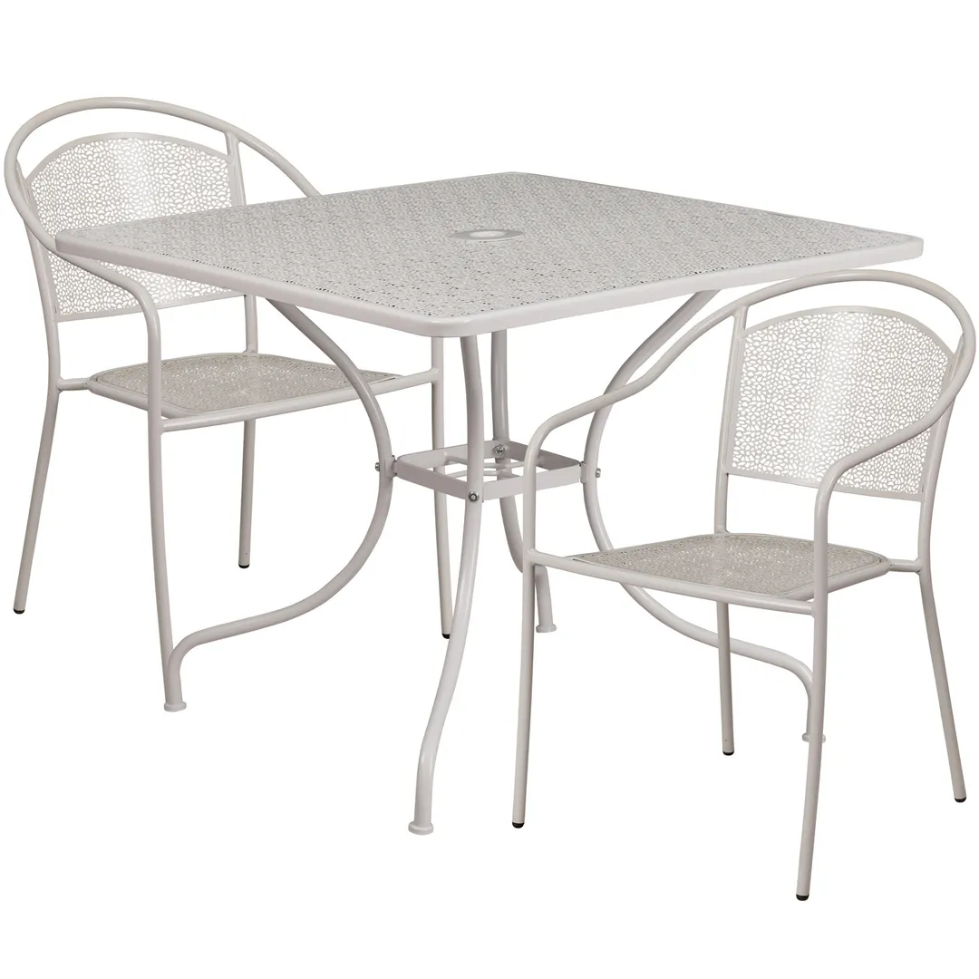 Flash Furniture CO-35SQ-03CHR2-SIL-GG 35 Square Patio Table Set, 28 Height, 2 Stacking Arm Chairs, Steel, Powder Coat Finish, Light Gray