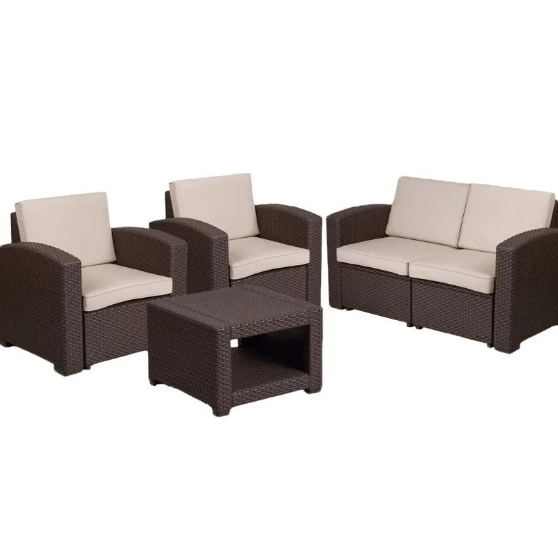 Flash Furniture DAD-SF-112T-CBN-GG 4-Piece Outdoor Patio Set, Faux Rattan, Chocolate Brown, Resin Frame, 32H Chairs & Loveseat