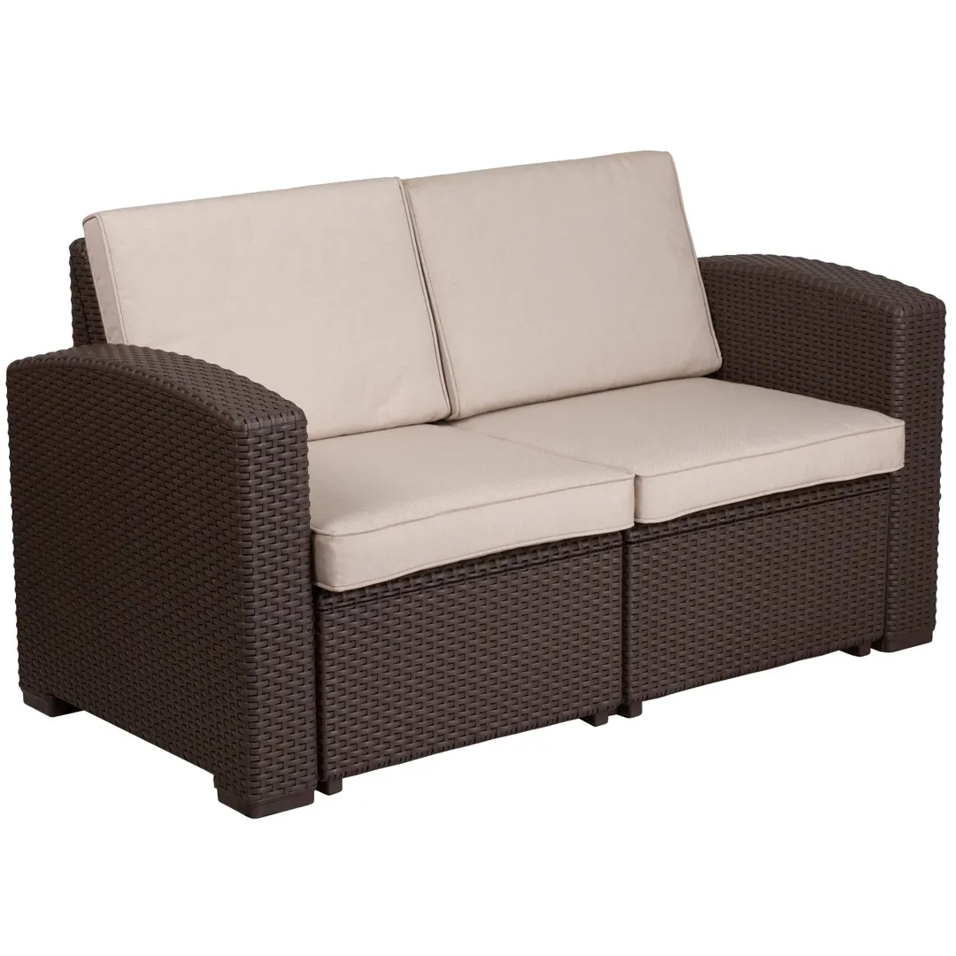 Flash Furniture DAD-SF1-2-GG Outdoor Loveseat, 55.5"W x 28"D x 32"H, Faux Rattan, Beige Cushions, Chocolate Brown