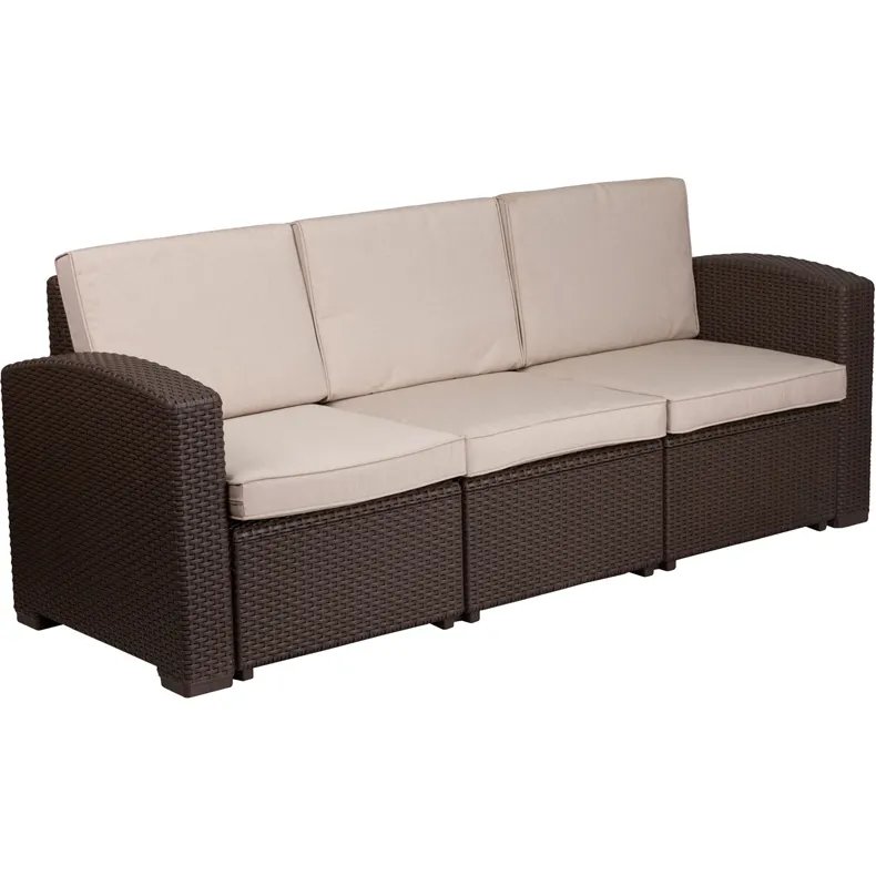 Flash Furniture DAD-SF1-3-GG Outdoor Sofa, 78.5"W, Curved Arms, Faux Rattan, Beige Cushions, Resin Frame