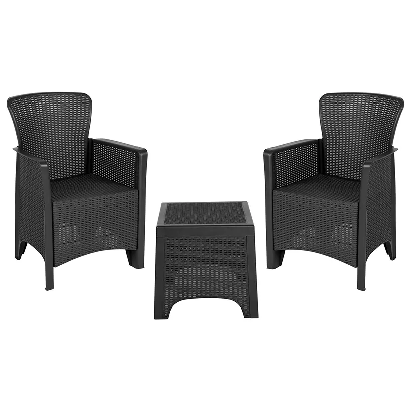 Flash Furniture DAD-SF3-2P-SET-GG 3-Piece Outdoor Patio Seating Set, Dark Gray Faux Rattan, 2 Chairs 15" Square Side Table