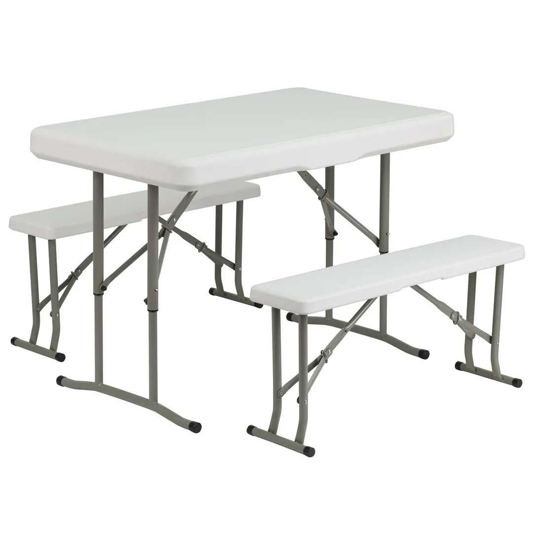 Flash Furniture DAD-YCZ-103-GG 41" Rectangular Folding Table & Benches, 330 lb Table Capacity, Gray Powder Coated Metal, Granite White Plastic Top