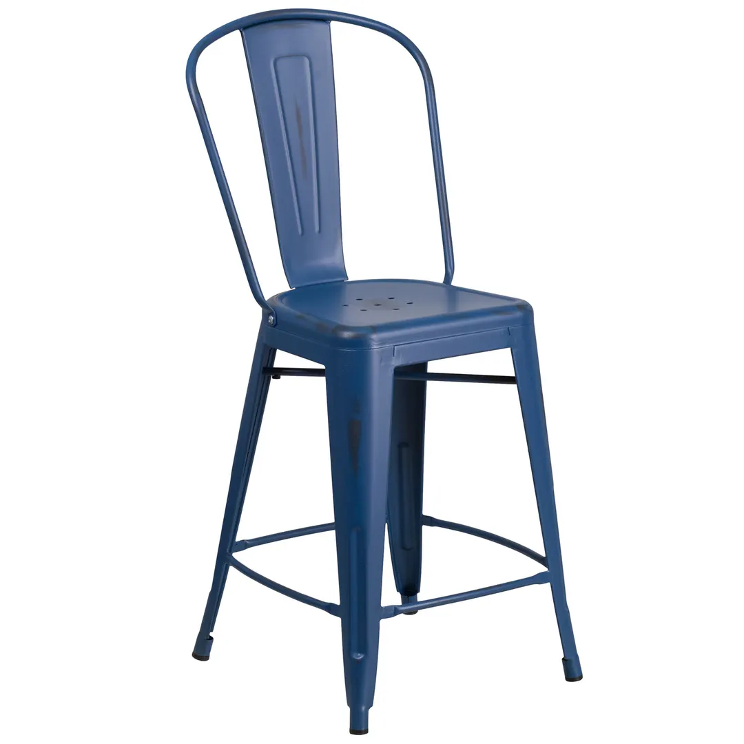 Flash Furniture ET-3534-24-AB-GG Antique Blue Galvanized Steel Counter Height Outdoor Bar Stool, 500 lb.